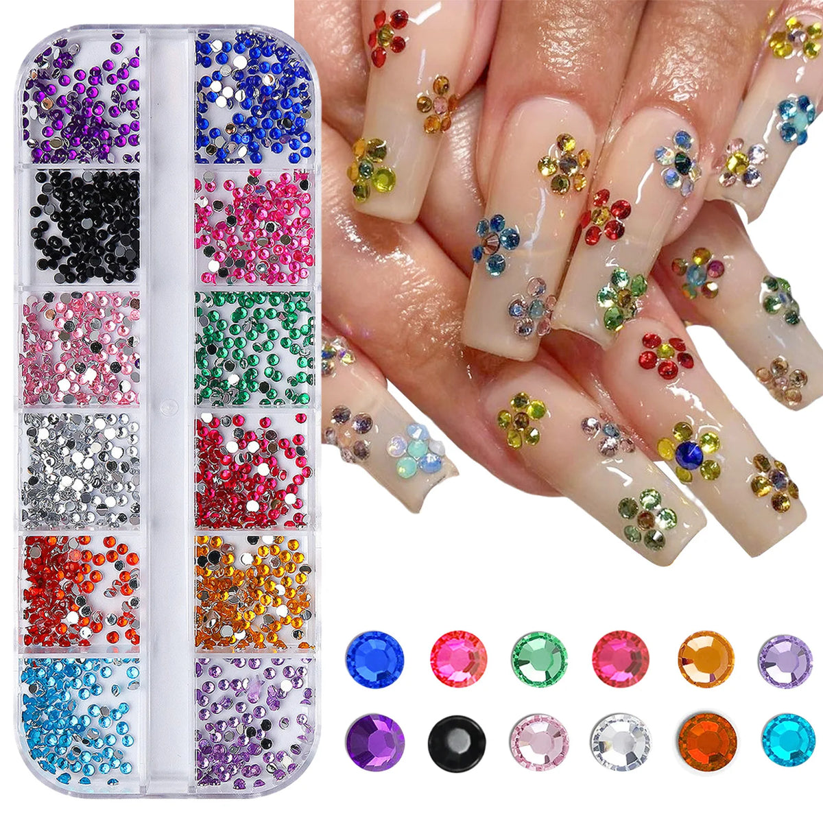 Box di strass colorati per nail art – 12 scomparti